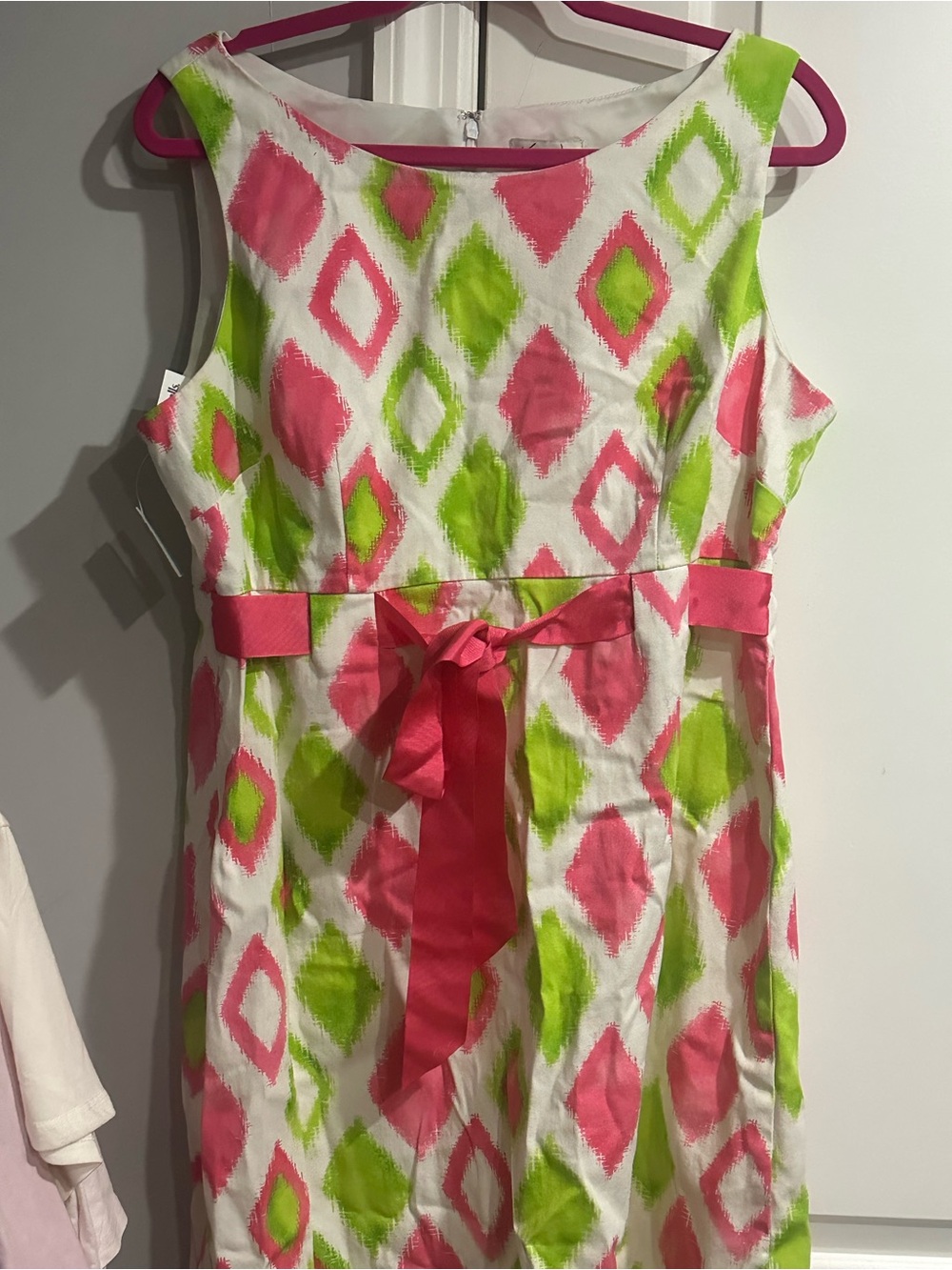 Kim Rogers White Dress with Pink & Lime Diamond Print and Pink Sash